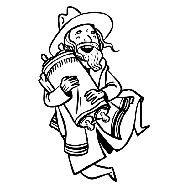 Funny cartoon jewish man dancing with Torah. Vector illustration — Stock Vector