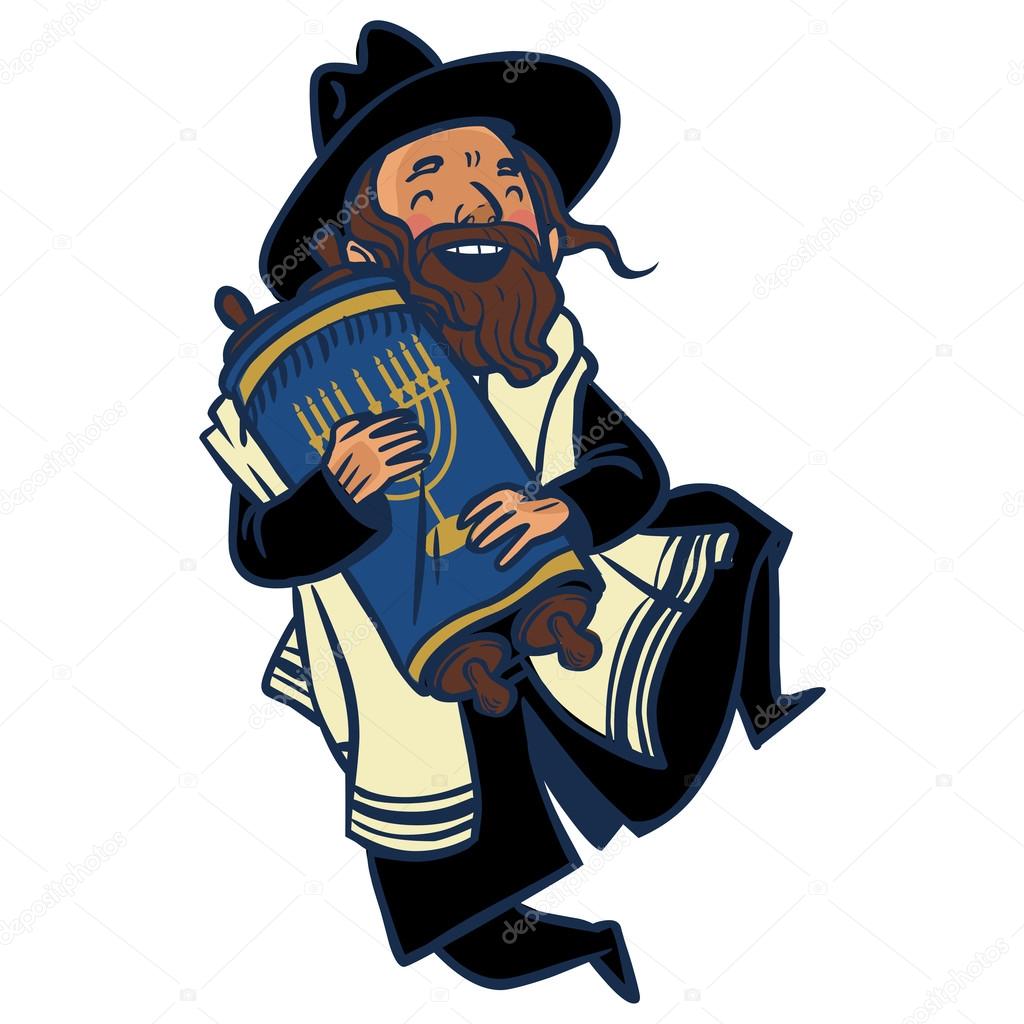 Funny cartoon jewish man dancing with Torah. Vector illustration