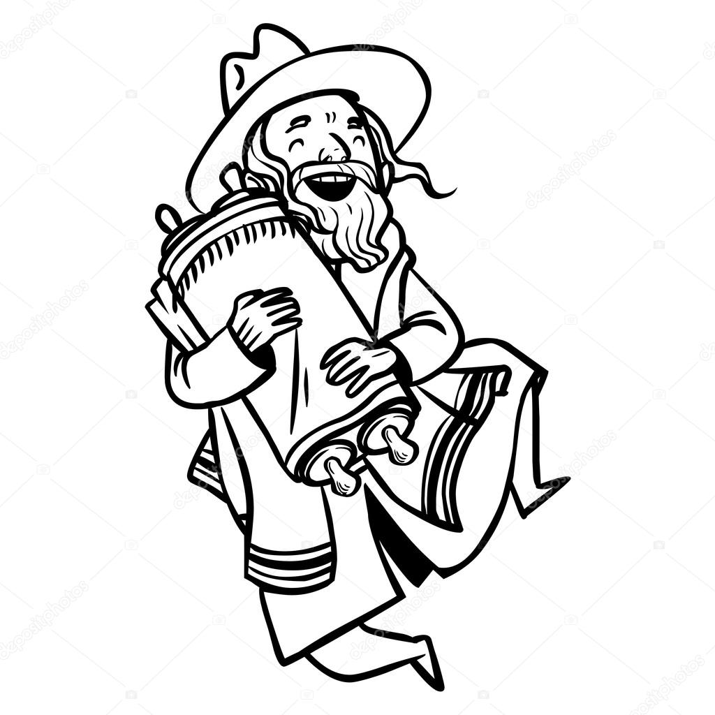 Funny cartoon jewish man dancing with Torah. Vector illustration