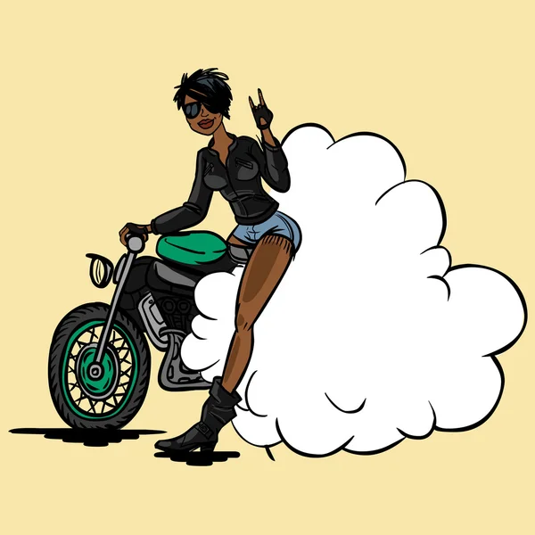 Grappige vector cartoon Afrikaanse biker meisje in pin-up stijl geïsoleerd — Stockvector
