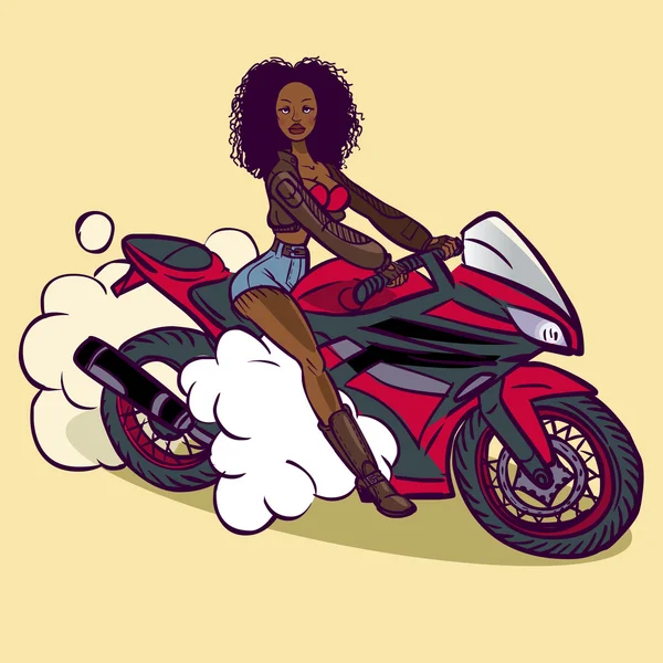 Divertido vector de dibujos animados chica motorista africana en pin-up estilo aislado — Vector de stock