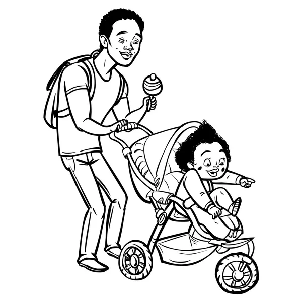 Divertido padre de dibujos animados con cochecito de bebé. Ilustración vectorial — Vector de stock