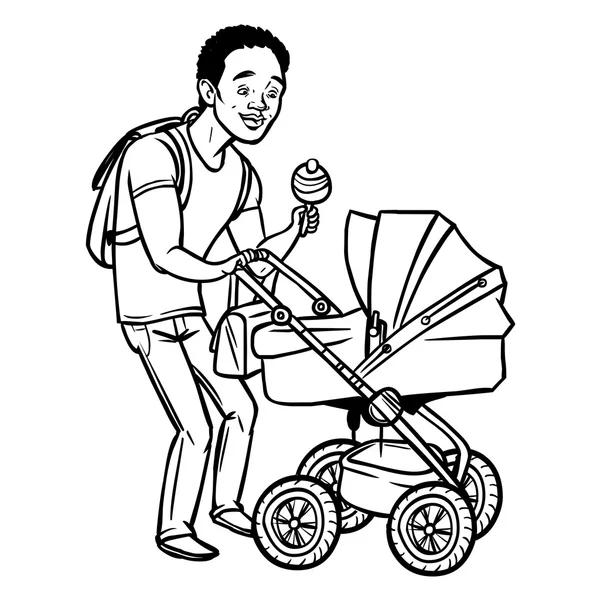 Funny cartoon father with baby stroller. Vector illustration — Stok Vektör