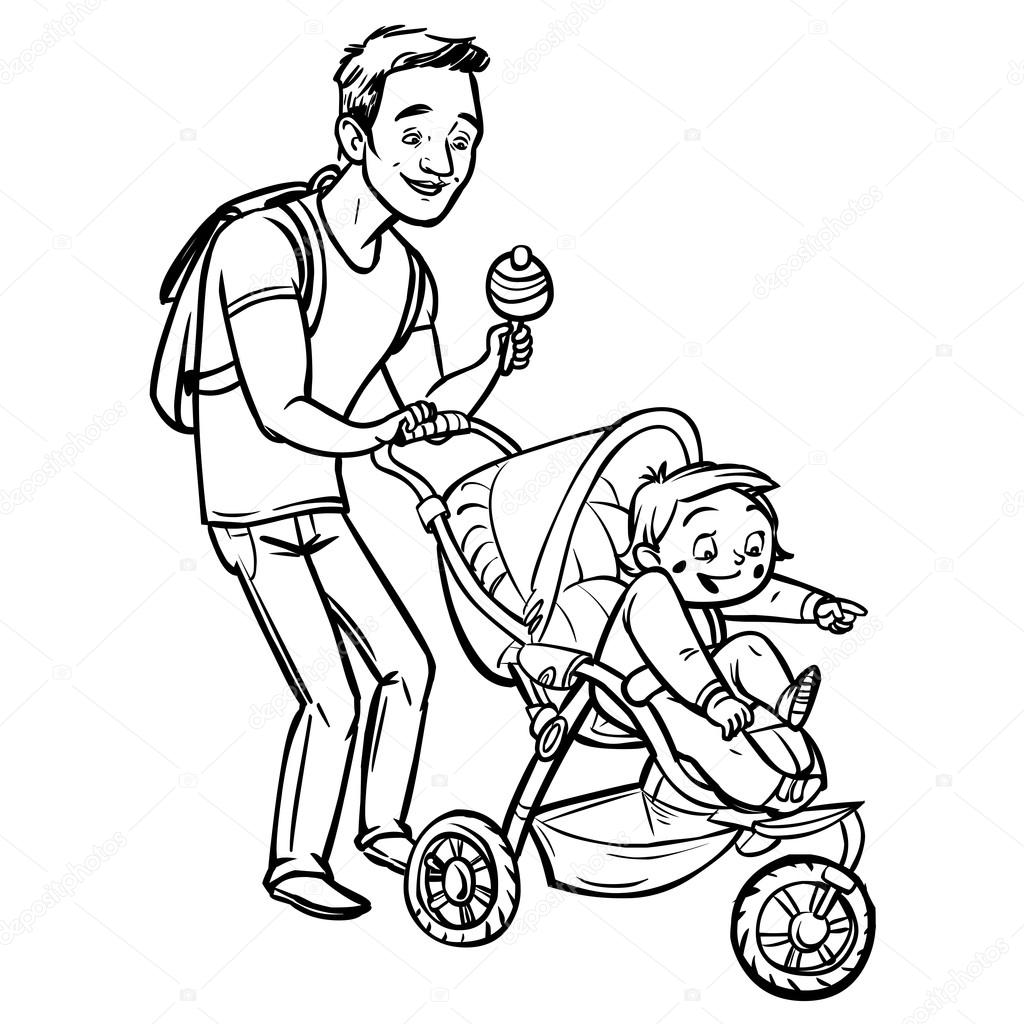 Funny Cartoon Father With Baby Stroller Vector Illustration Vector Image By C Museyushaya Vector Stock 76853183