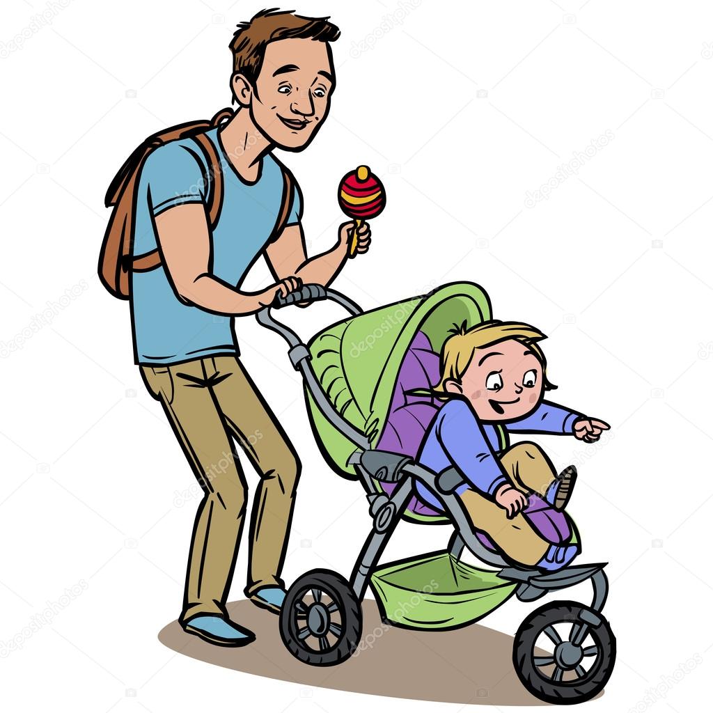 Funny cartoon father with baby stroller. Vector illustration