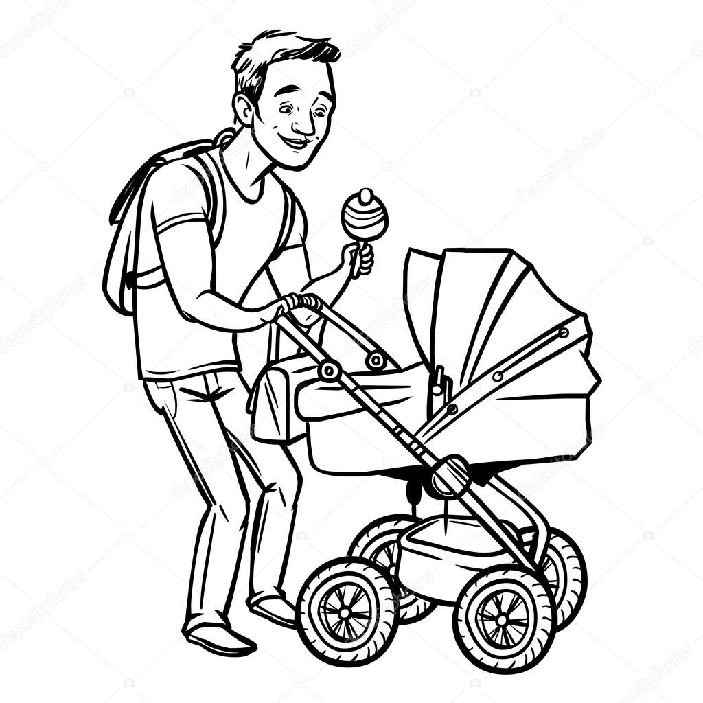 Funny cartoon father with baby stroller. Vector illustration