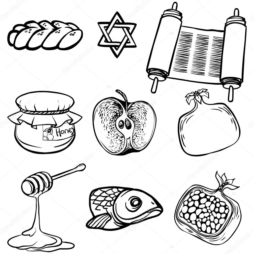 Symbols of Rosh Hashanah (Jewish New year). vector illustration 