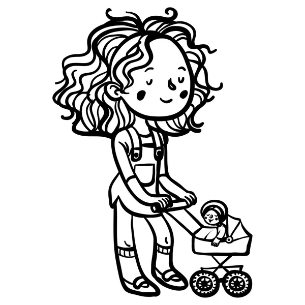 Rolig söt liten flicka med dockor sittvagn — Stock vektor