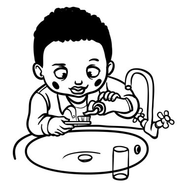 komik karikatür çocuk Dişlerini fırçalıyor. vektör çizim