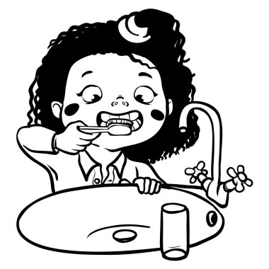 komik karikatür kız dişlerini fırçalama. vektör çizim