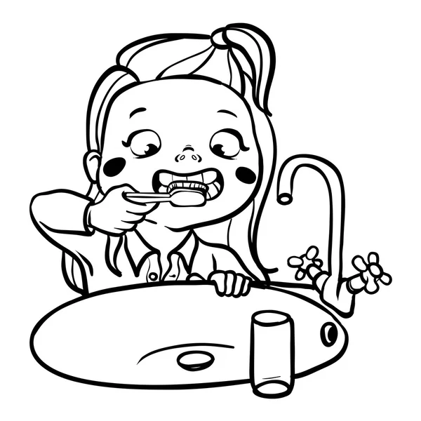 Divertente ragazza dei cartoni animati lavarsi i denti. illustrazione vettoriale — Vettoriale Stock