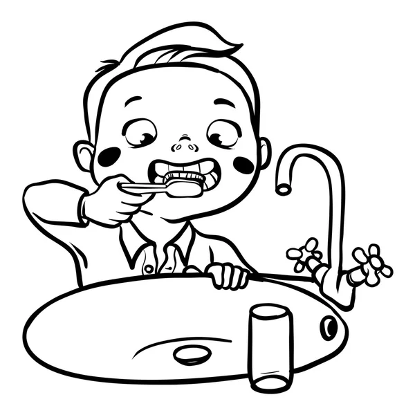 Funny cartoon boy brushing his teeth. vector illustration — Stock Vector