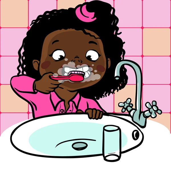 Funny cartoon girl  brushing her teeth. vector illustration — Stock Vector