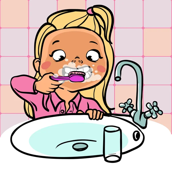 Divertida chica de dibujos animados cepillarse los dientes. ilustración vectorial — Vector de stock