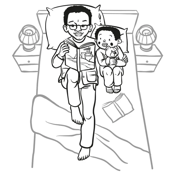 Ojciec śmieszne kreskówka czytanie książki dla swojego dziecka. illustra wektor — Wektor stockowy