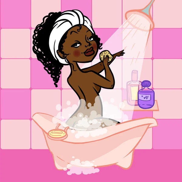 Bonito cartoon escuro menina em um bath.Vector ilustração —  Vetores de Stock