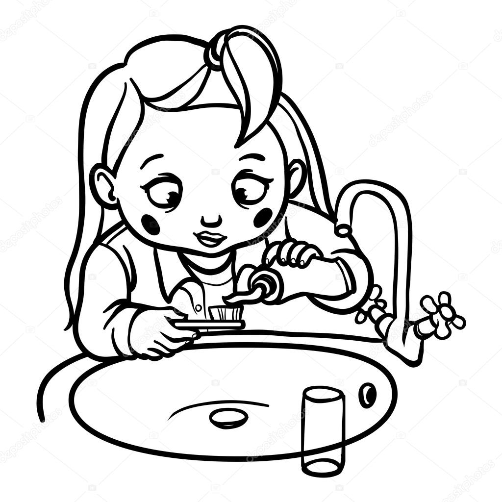 funny cartoon girl  brushing her teeth. vector illustration