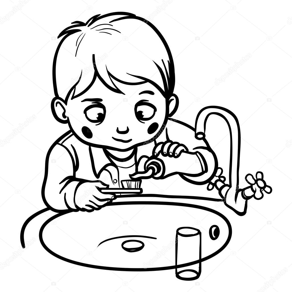 funny cartoon boy brushing his teeth. vector illustration