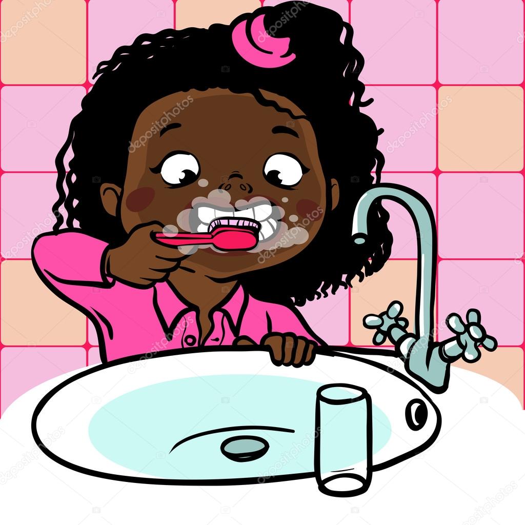 funny cartoon girl  brushing her teeth. vector illustration