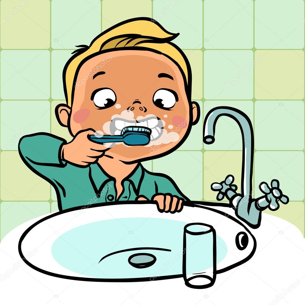 funny cartoon boy brushing his teeth. vector illustration