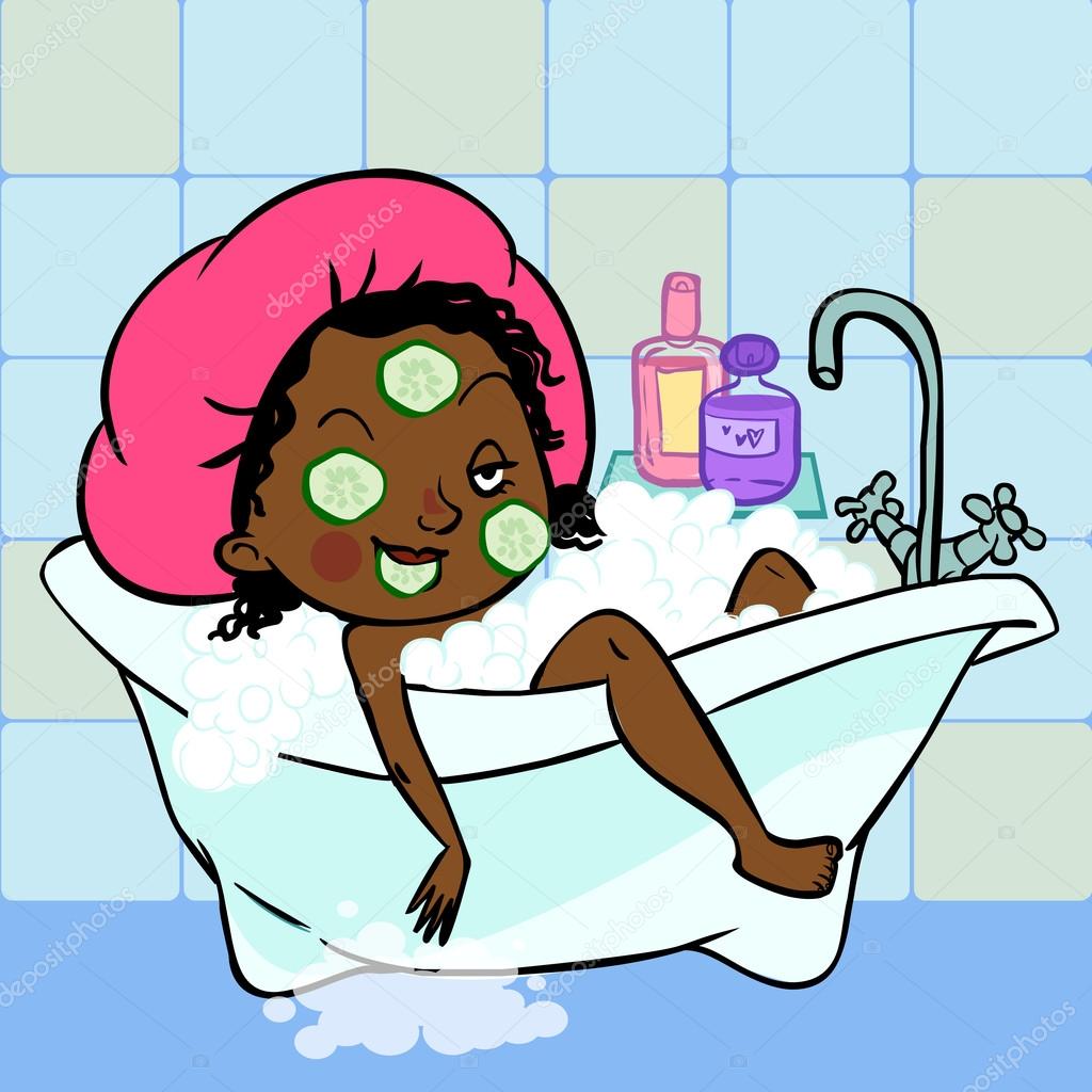 cute dark cartoon girl in a bath.Vector illustration