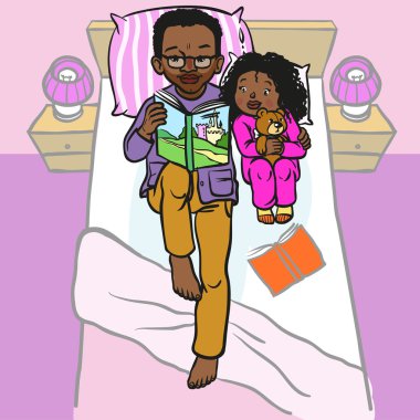 Funny cartoon father reading book for his child. vector illustra clipart