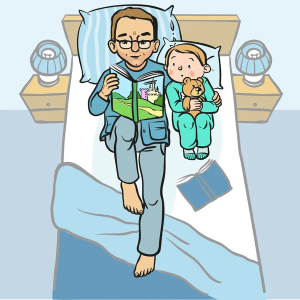 Desenhos animados engraçados pai ler livro para seu filho. vector illustra —  Vetores de Stock
