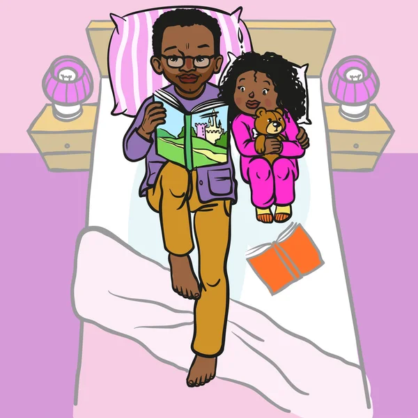 Divertente cartone animato padre lettura del libro per il suo bambino. vettore illustrativo — Vettoriale Stock