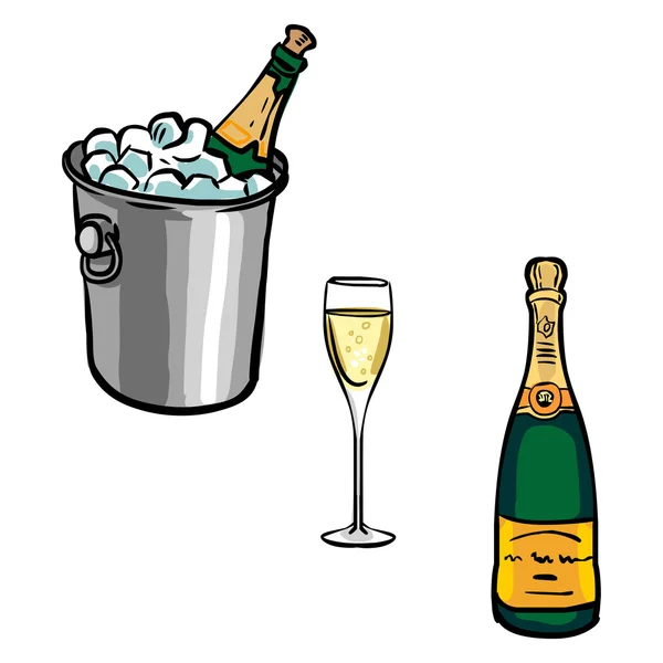 Vector set van champagne flessen met glazen en Champagne buck Rechtenvrije Stockvectors