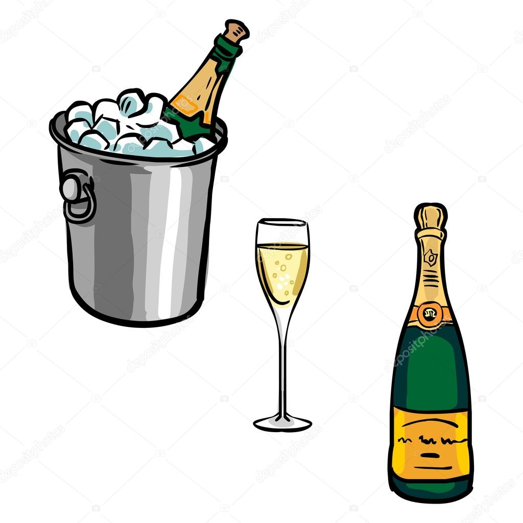 Vector set of  champagne bottles with glasses and Champagne buck