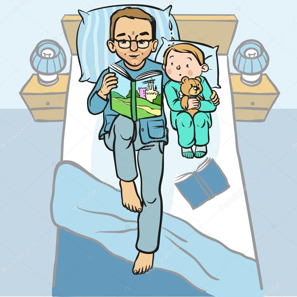 Funny cartoon father reading book for his child. vector illustra