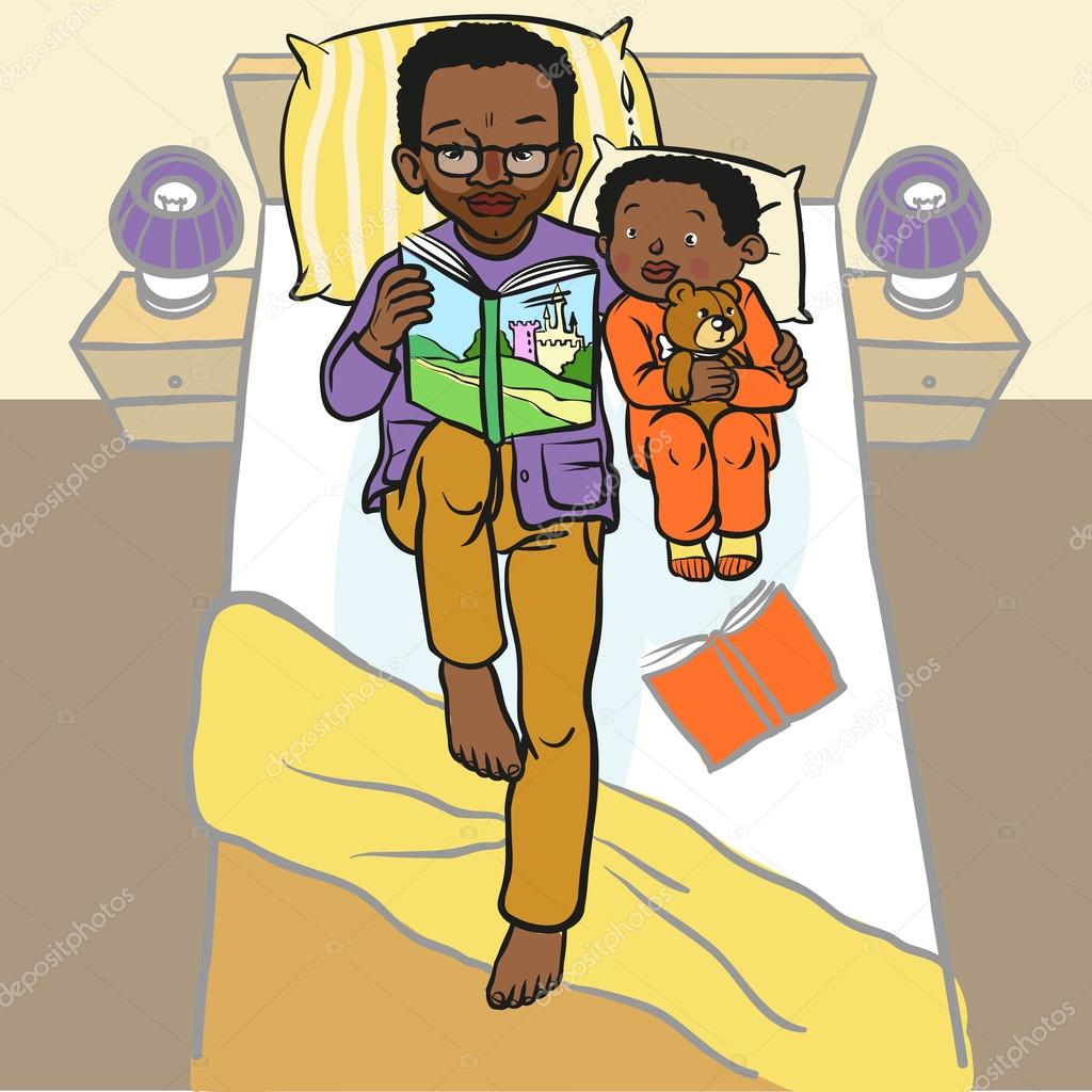 Funny cartoon father reading book for his child. vector illustra