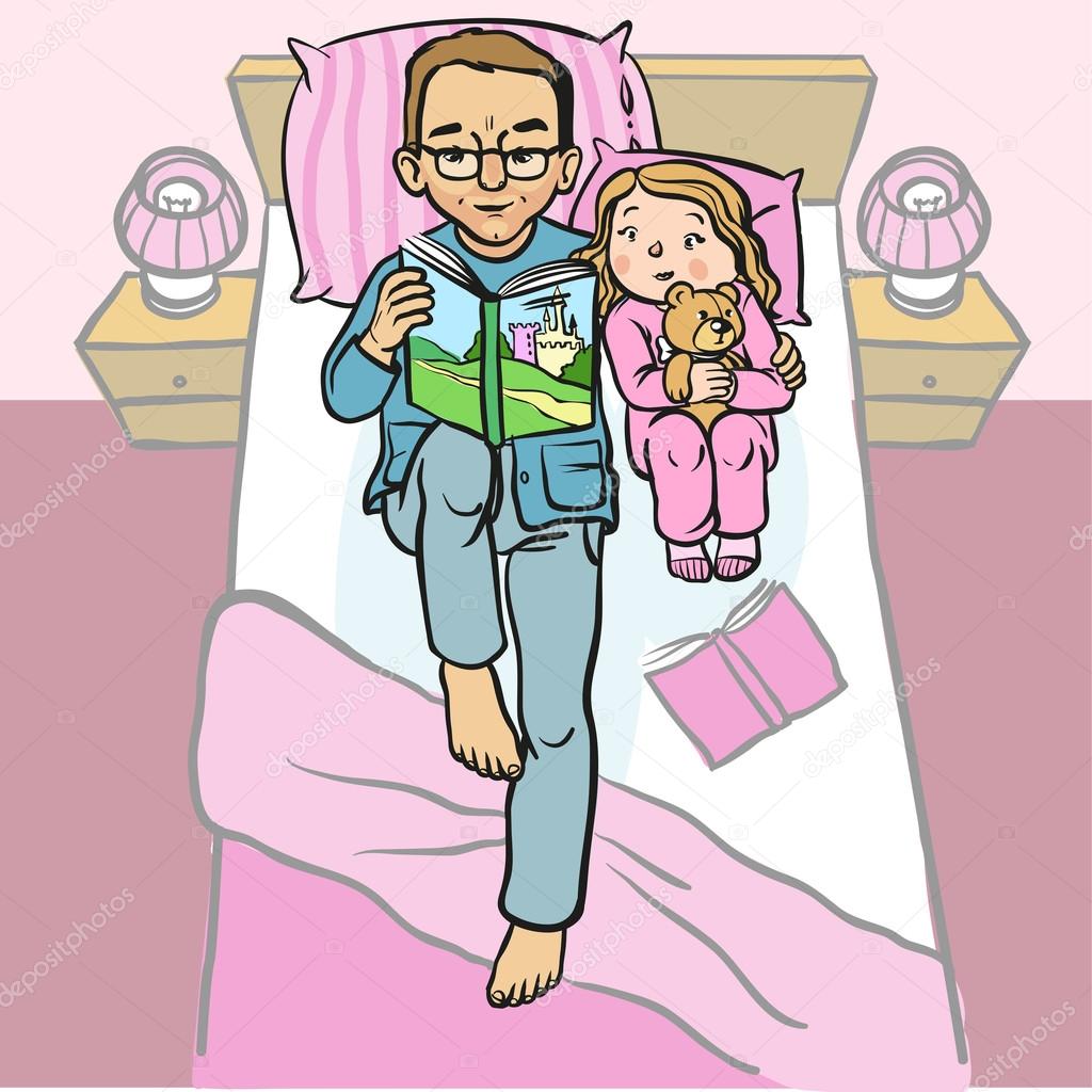 Funny cartoon father reading book for his child. vector illustra