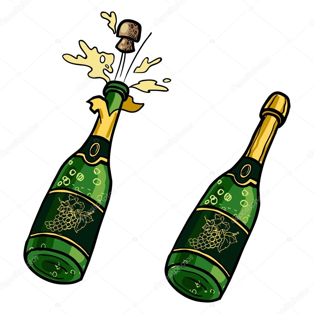 Vector set of  champagne bottles with glasses and Champagne buck