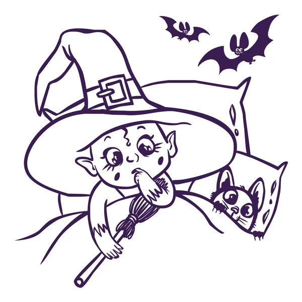 Смешная мультяшная маленькая ведьма и ее кошка — стоковый вектор