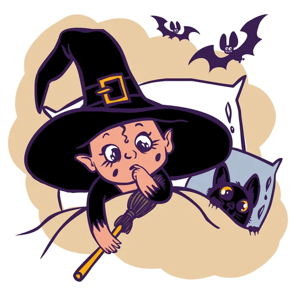 Funny cartoon mała czarownica i jej kot — Wektor stockowy