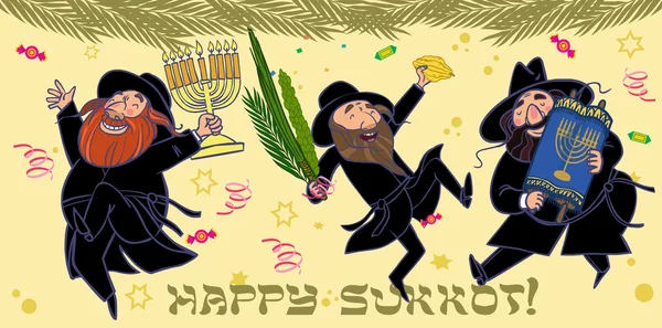 Divertidos hombres judíos de dibujos animados bailando con plantas rituales para Sukkot . — Vector de stock