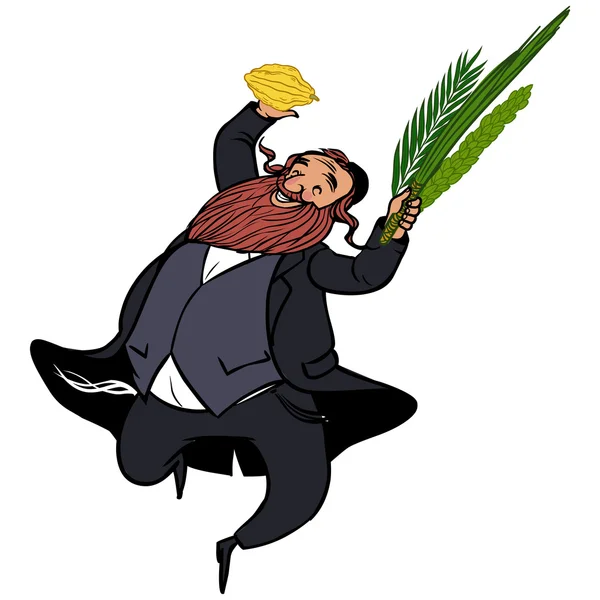 Divertidos dibujos animados hombre judío bailando wiht plantas rituales para Sukkot . — Vector de stock