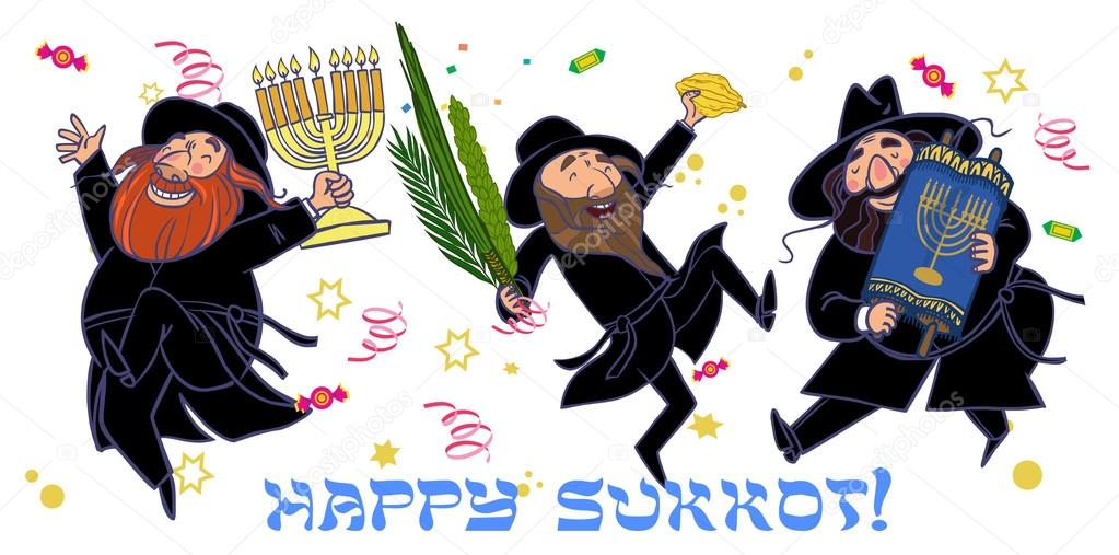 Funny cartoon jewish men dancing wiht ritual plants for Sukkot.