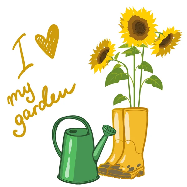 Zonnebloemen en tuin rubberen laarzen en gieter over Wit, — Stockvector