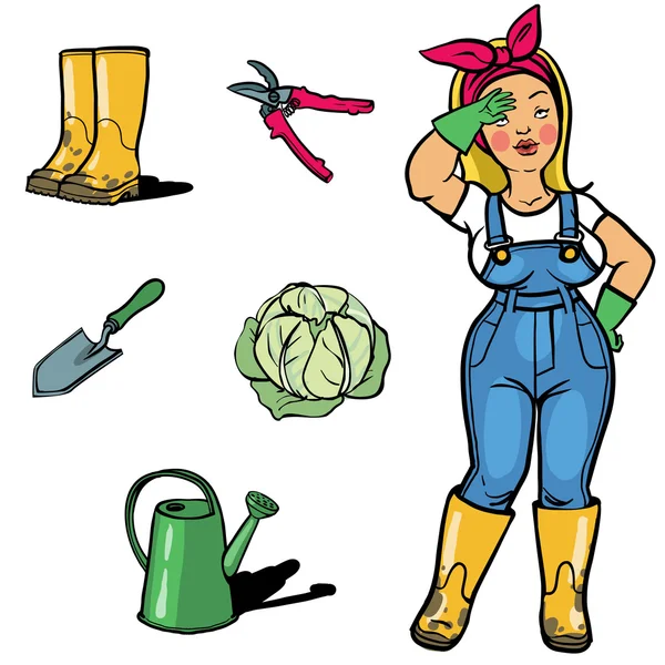 Funny cartton gardener and gardens tools — Stock Vector