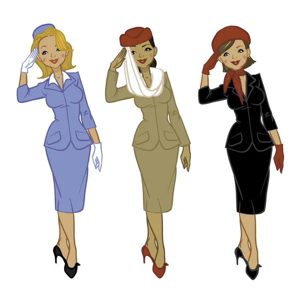 Ensemble de 3 hôtesses habillées en uniforme différent. Vecteur illus — Image vectorielle