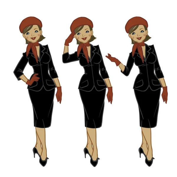 Set de 3 azafatas vestidas de uniforme. Ilustración vectorial — Archivo Imágenes Vectoriales