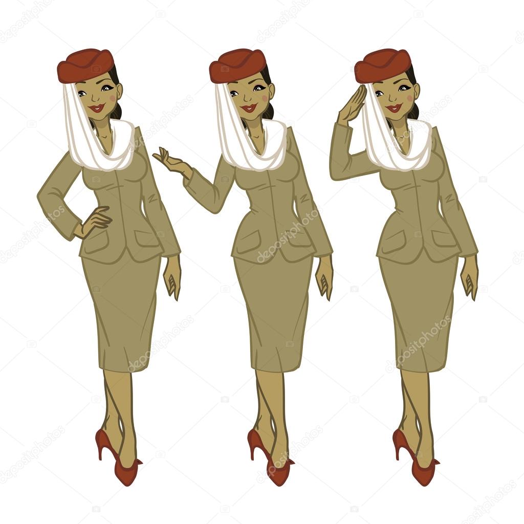 Set of 3 Stewardesses Dressed In Uniform. Vector illustration