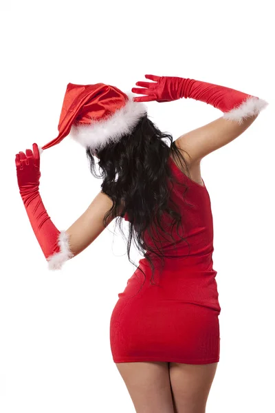 Ayudante sexy de Santa. Vestido rojo, sombrero y guantes en la espalda —  Fotos de Stock