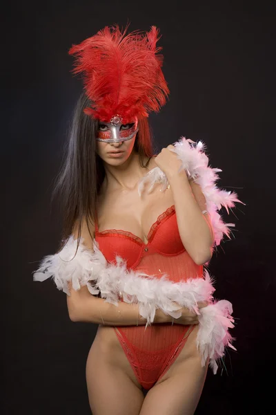 Mujer sexy con lencería roja y máscara con plumas —  Fotos de Stock