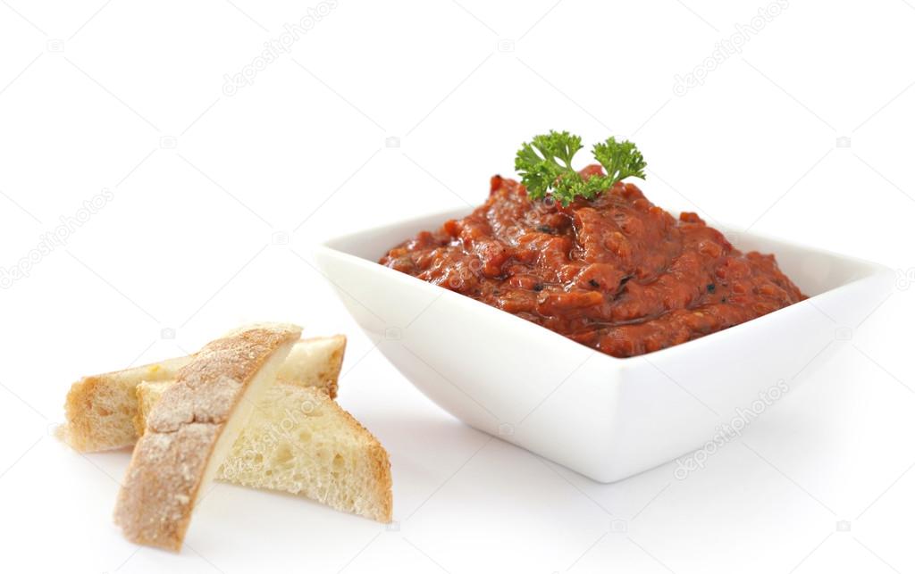 Bulgarian Chutney on white dish and bread
