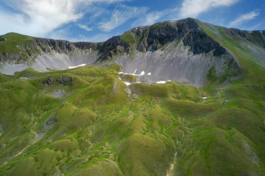 Campo Imperatore Abruzzo çevresindeki dağların havadan yakından görüntüsü.