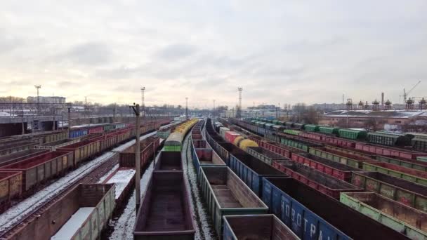 Railway tracks with freight trains, a locomotive — Stock Video