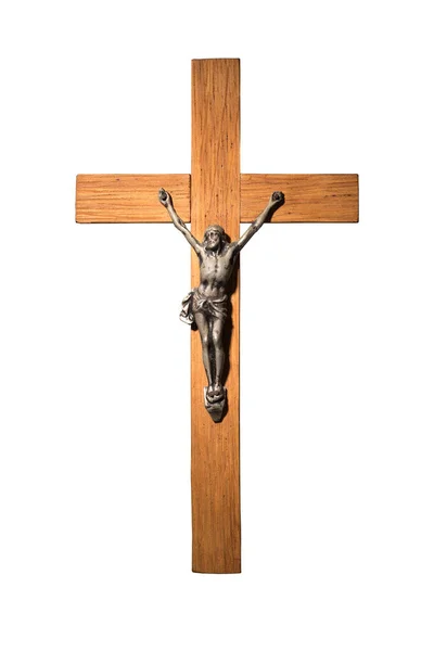 Kruisbeeld Van Jezus Christus Een Houten Kruis Geïsoleerd Witte Achtergrond — Stockfoto